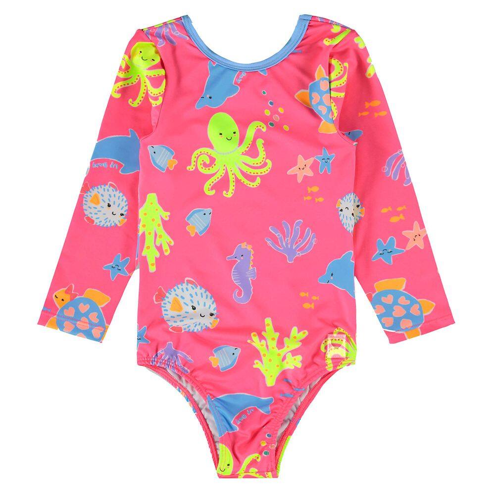 Maiô Manga Longa Bebê Proteção UV Bichinhos do Mar Pink Neon Up Baby