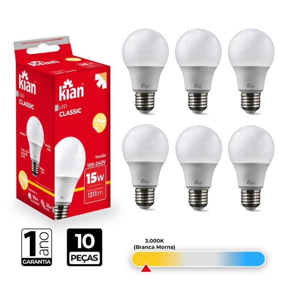 10 Lâmpada Led Bulbo A60 15W 3.000K Branca Quente Kian