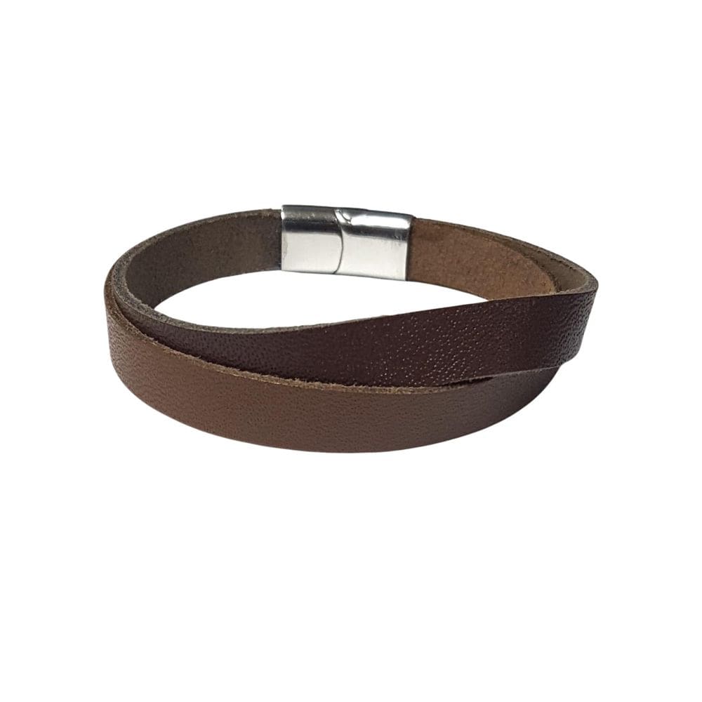 Bracelete Rosso 20Cm Couro Liso Duplo Marrom Fecho Steel