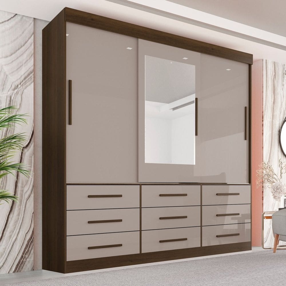 Guarda Roupa Casal 3 Portas 9 Gavetas com Espelho Luana Savana/Off