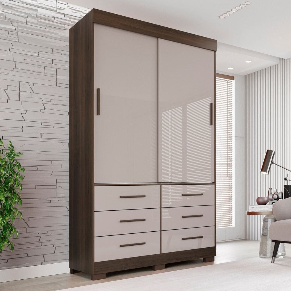 Guarda Roupa com Pés 2 Portas 6 Gavetas Luana Savana/Off