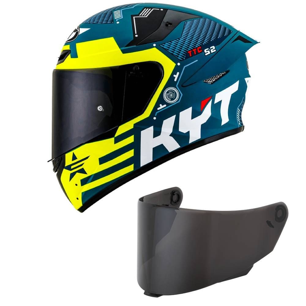 Capacete KYT TT Course Fuselage Azul e Amarelo Mais Viseira Fumê