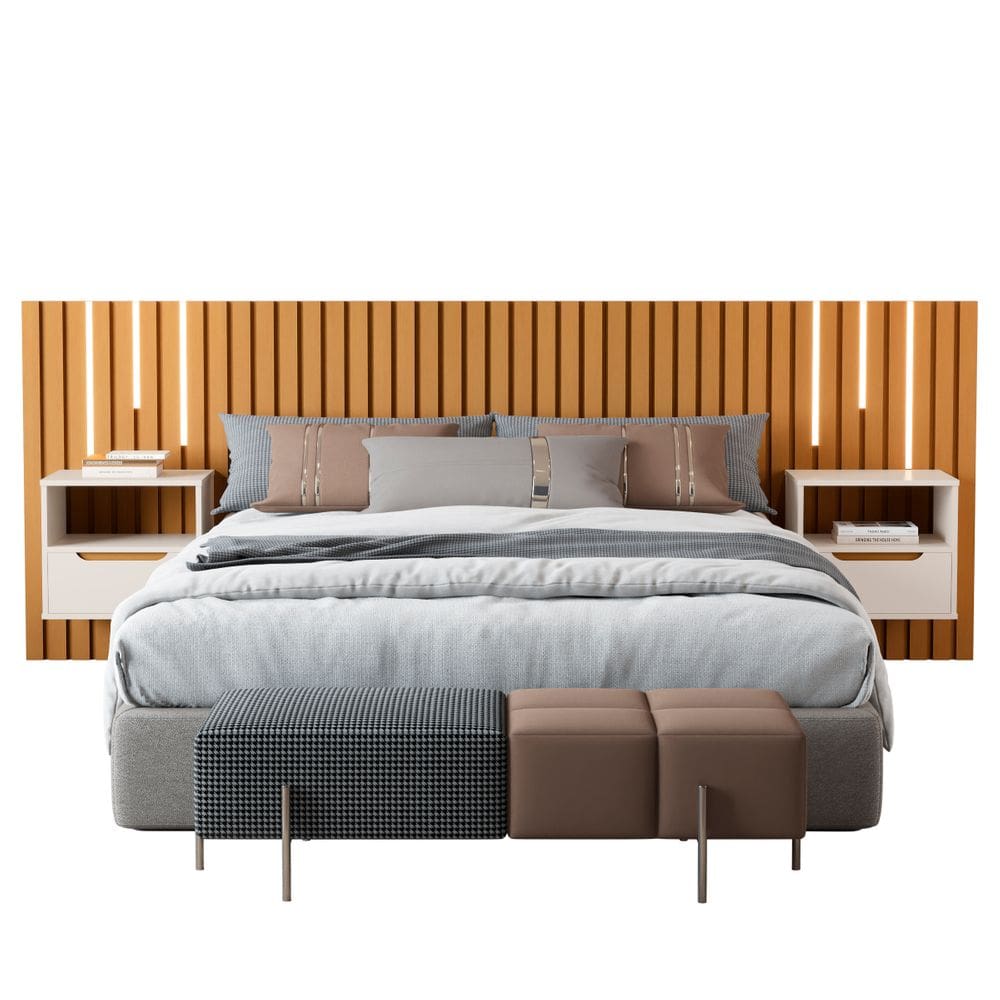 Cabeceira Ripada Box Casal/Queen Com Led e 2 Mesas