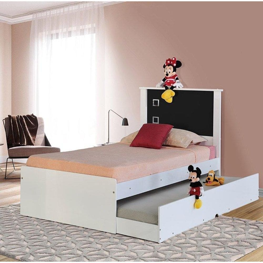 Cama Solteiro Barcelona Branca e Preto com Auxiliar Tebarrot