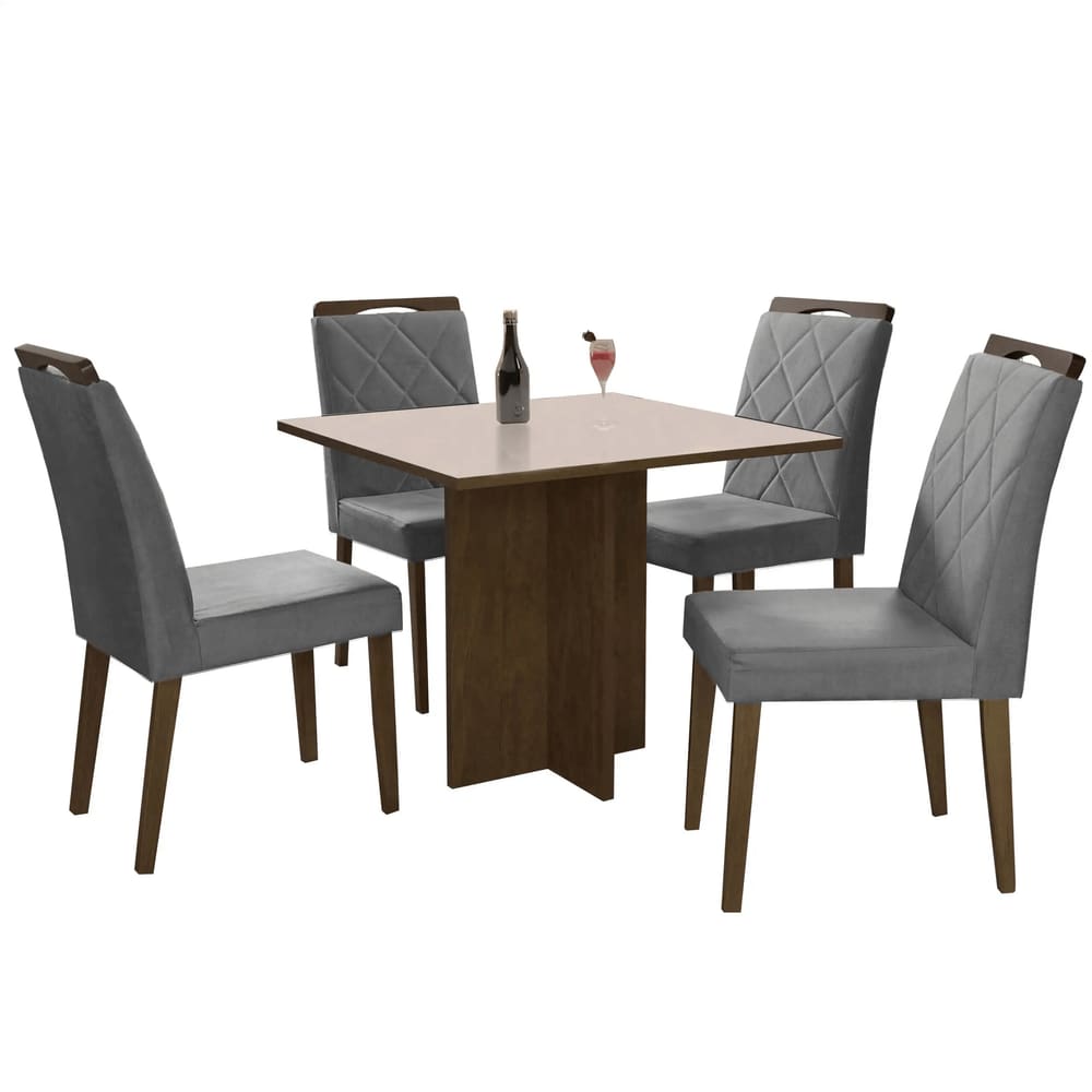 Mesa de Jantar Los Angeles 90x90cm em Linho com 4 Cadeiras Minas Plac Cor Canela Off White com Tecido Cinza