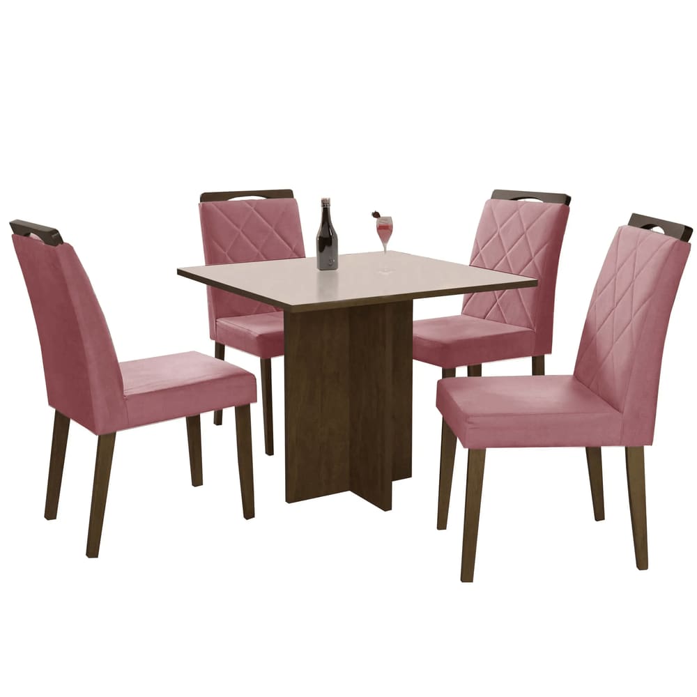 Mesa de Jantar Los Angeles 90x90cm em Linho com 4 Cadeiras Minas Plac Cor Canela Off White com Tecido Rose