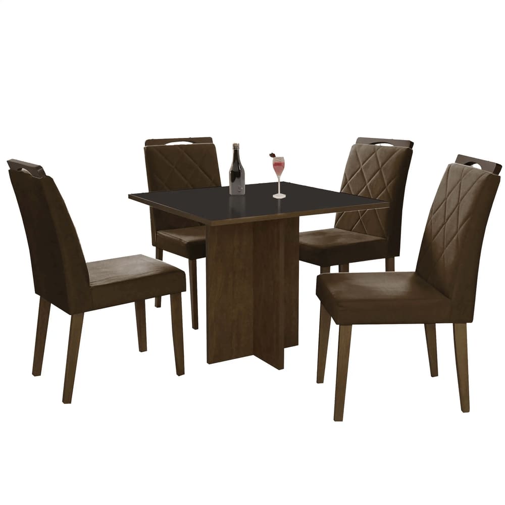Mesa de Jantar Los Angeles 90x90cm em Linho com 4 Cadeiras Minas Plac Cor Canela Grafite com Tecido Marrom
