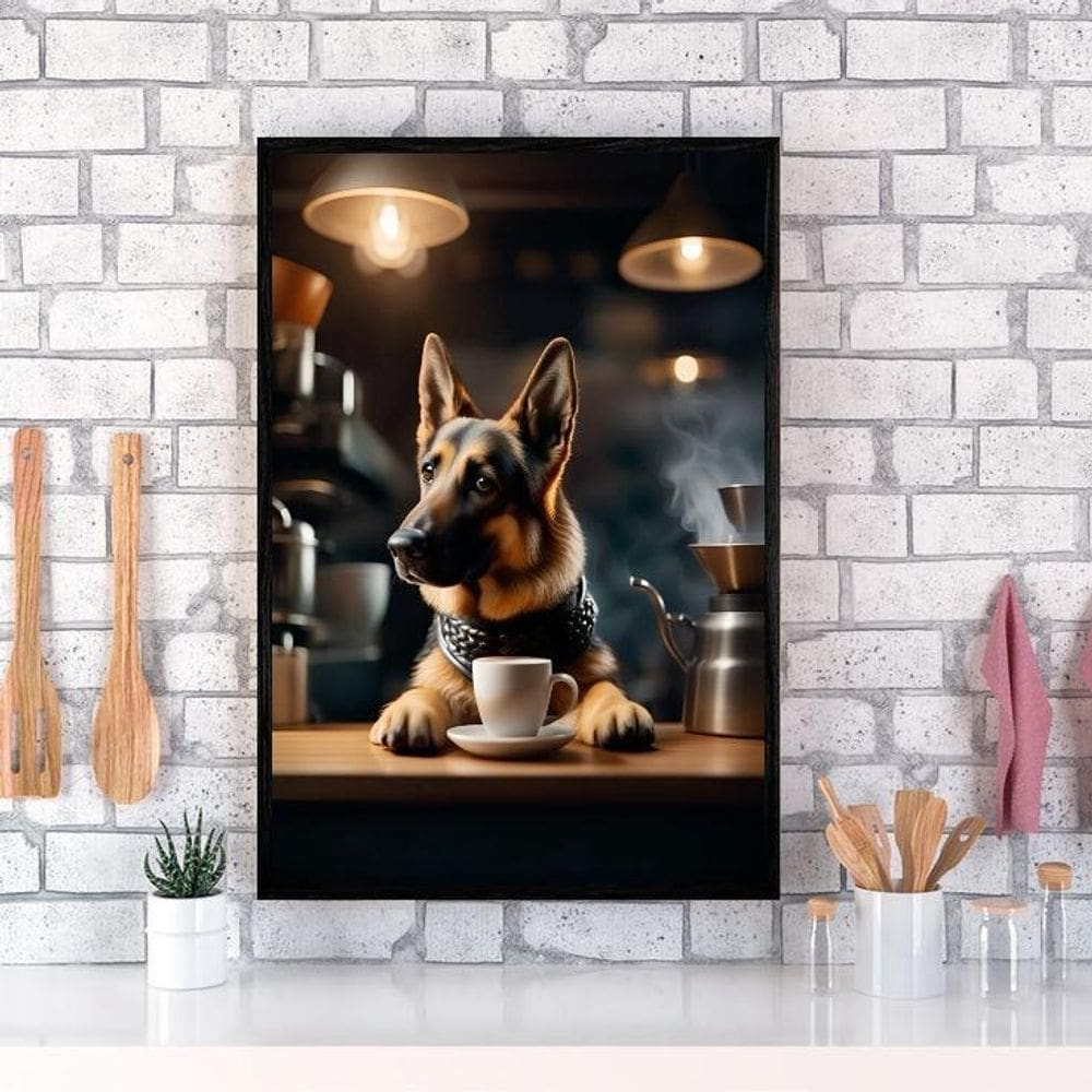Quadro Pastor Alemão Tomando Café 24X18Cm - Com Vidro