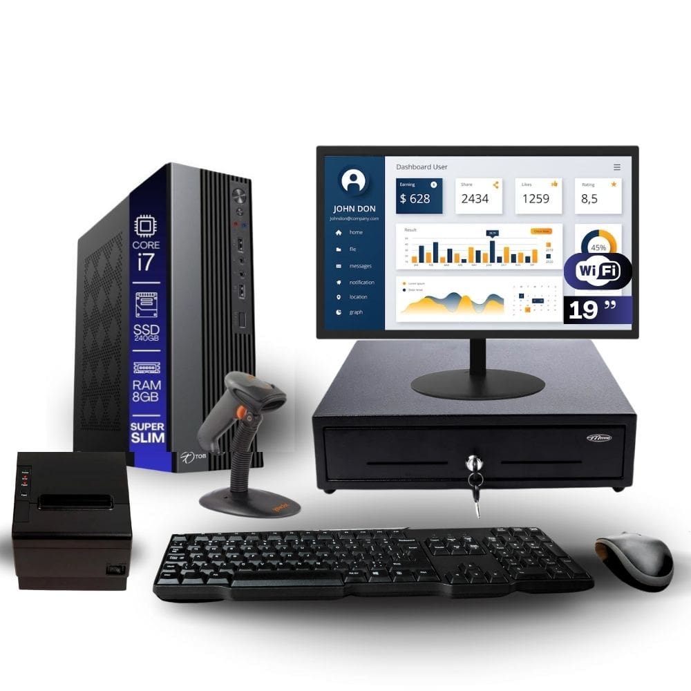 Kit Automação PDV TOB i7 8GB SSD 240GB Win10 Rede S/Fio Teclado Mouse Monitor 19" Gvt. Dinheiro Imp. Térmica Leitor Cód Barras