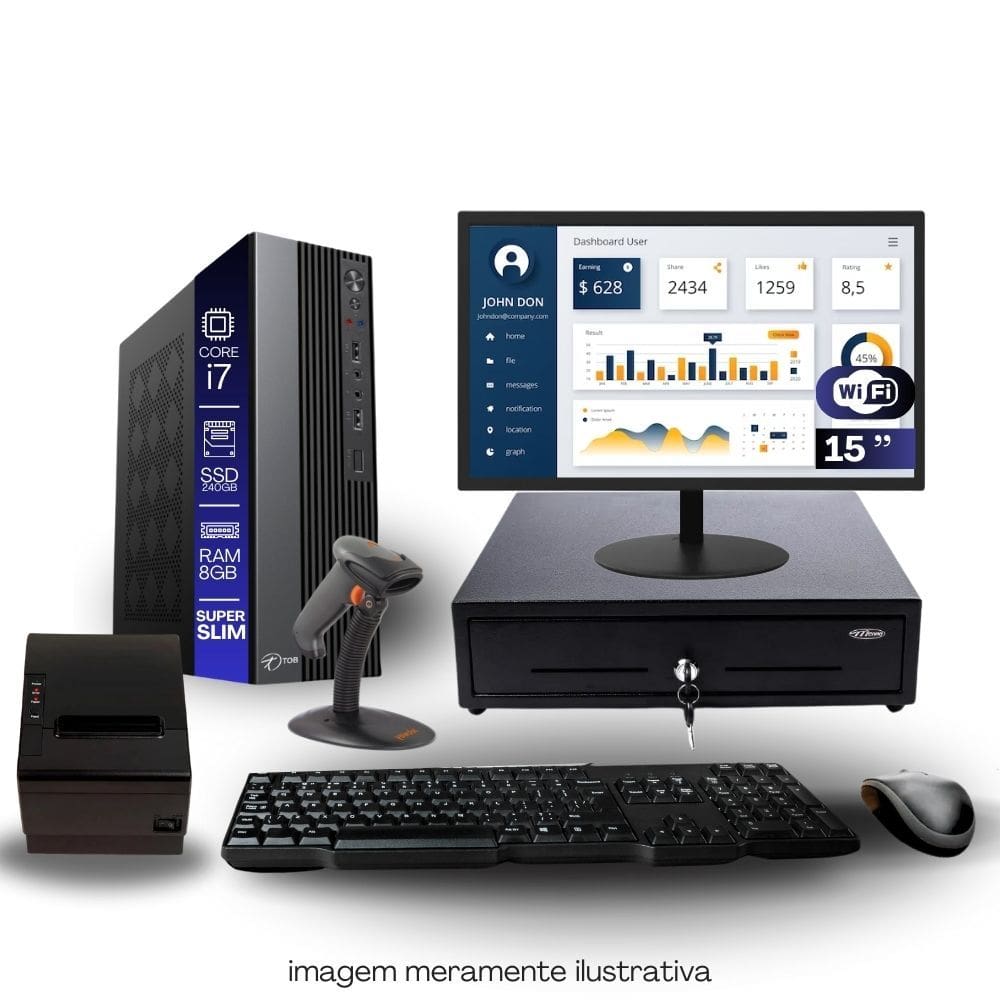 Kit Automação PDV TOB i7 8GB SSD 240GB Win10 Rede S/Fio Teclado Mouse Monitor 15" Gvt. Dinheiro Imp. Térmica Leitor Cód Barras