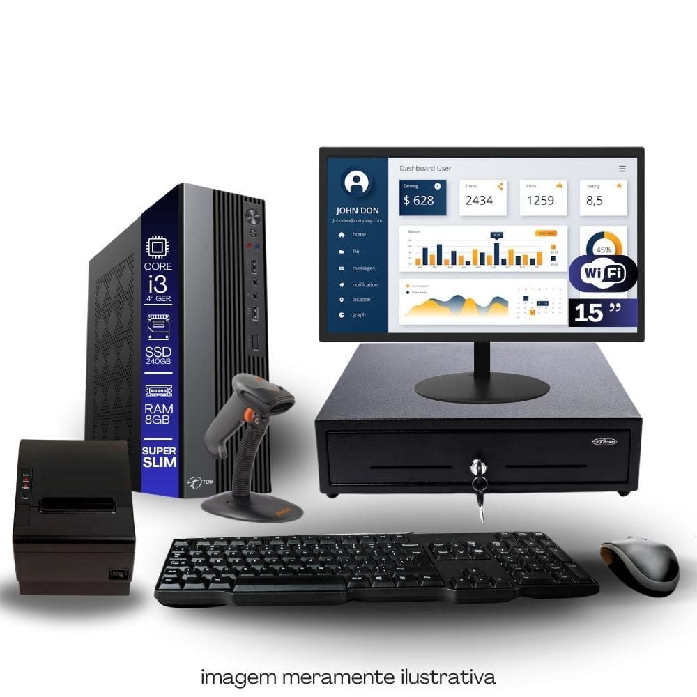 Kit Automação PDV TOB i3 4ªG 8GB SSD 240GB Win10 Rede S/Fio Teclado Mouse Monitor 15" Gvt. Dinheiro Imp. Térmica Leitor Cód Barras