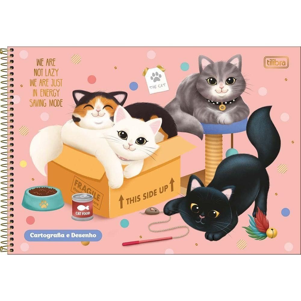 Caderno De Desenho Purrfect Cats Tilibra Capa Dura Espiral - 80 Folhas Fundo Rosa