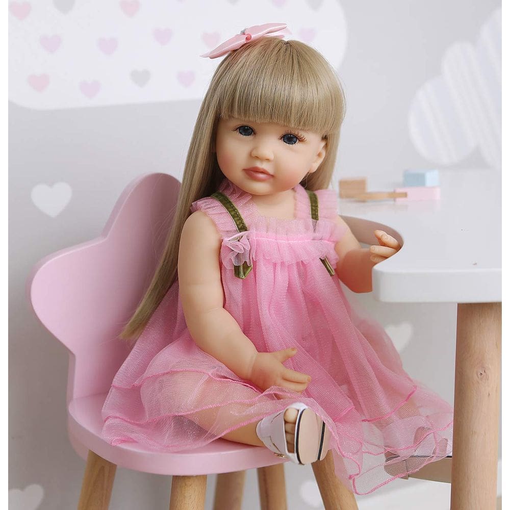 Boneca Reborn ROSHUAN, menina de 55 cm com cabelo loiro e vestido rosa