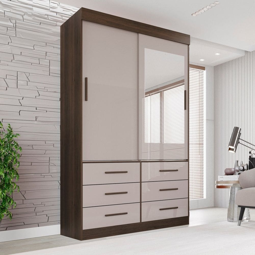 Guarda Roupa Solteiro 2 Portas com Espelho 6 Gavetas Luana Savana/Off