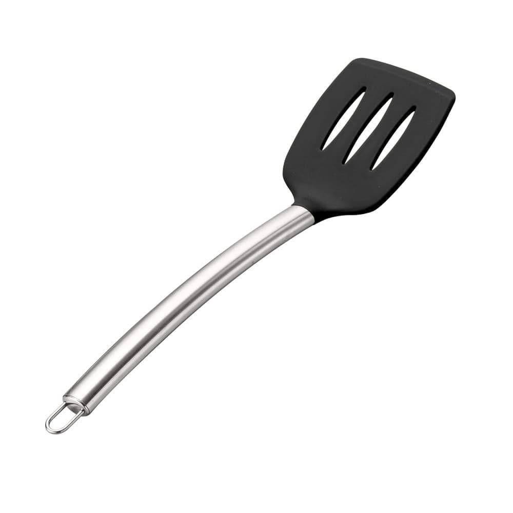 Espatula Vazada De Silicone Preto Cabo Aço Inox Uny Home