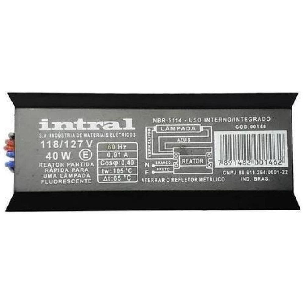 Reator Magnético Uma Lâmpada Fluorescente 40W 127V Intral
