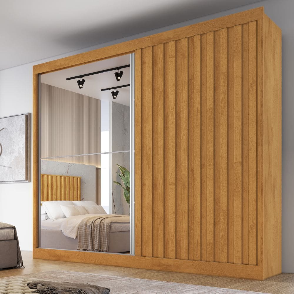 Guarda Roupa Casal Ripado com Espelho 2 Portas de Correr 100 MDF Atlanta Made Marcs