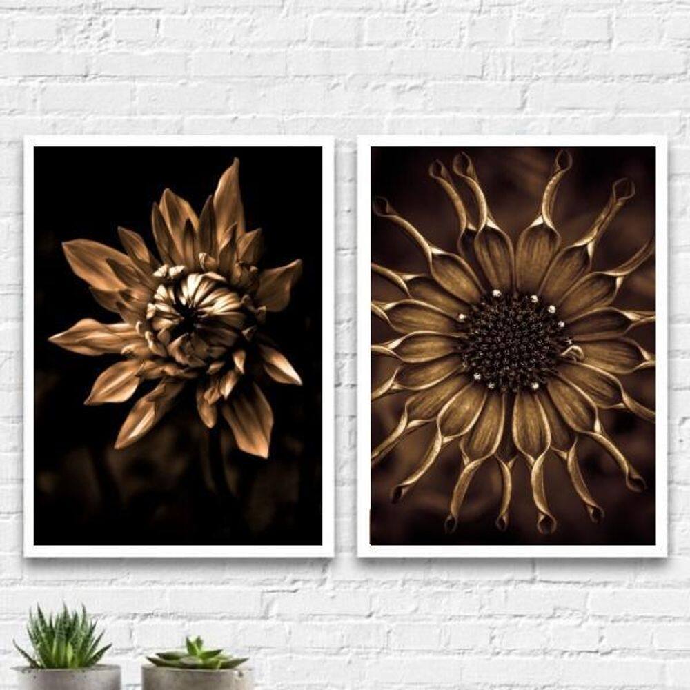 Kit Quadros Fotografias Flores Bronze 24X18Cm 2 Peças