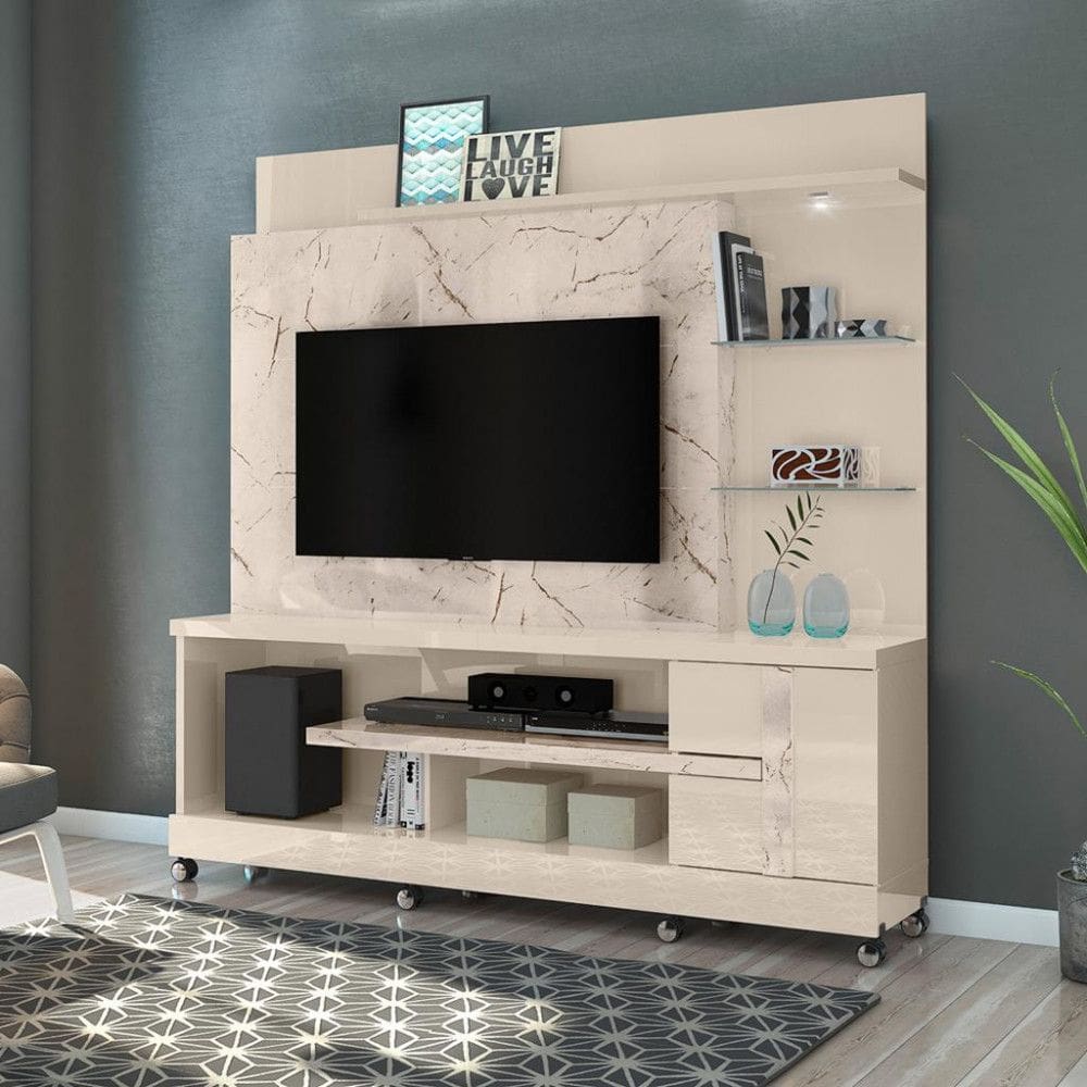 Estante Home para TV até 55 Polegadas com LED e Prateleira de Vidro 1 Porta com Rodízios Alan Madetec