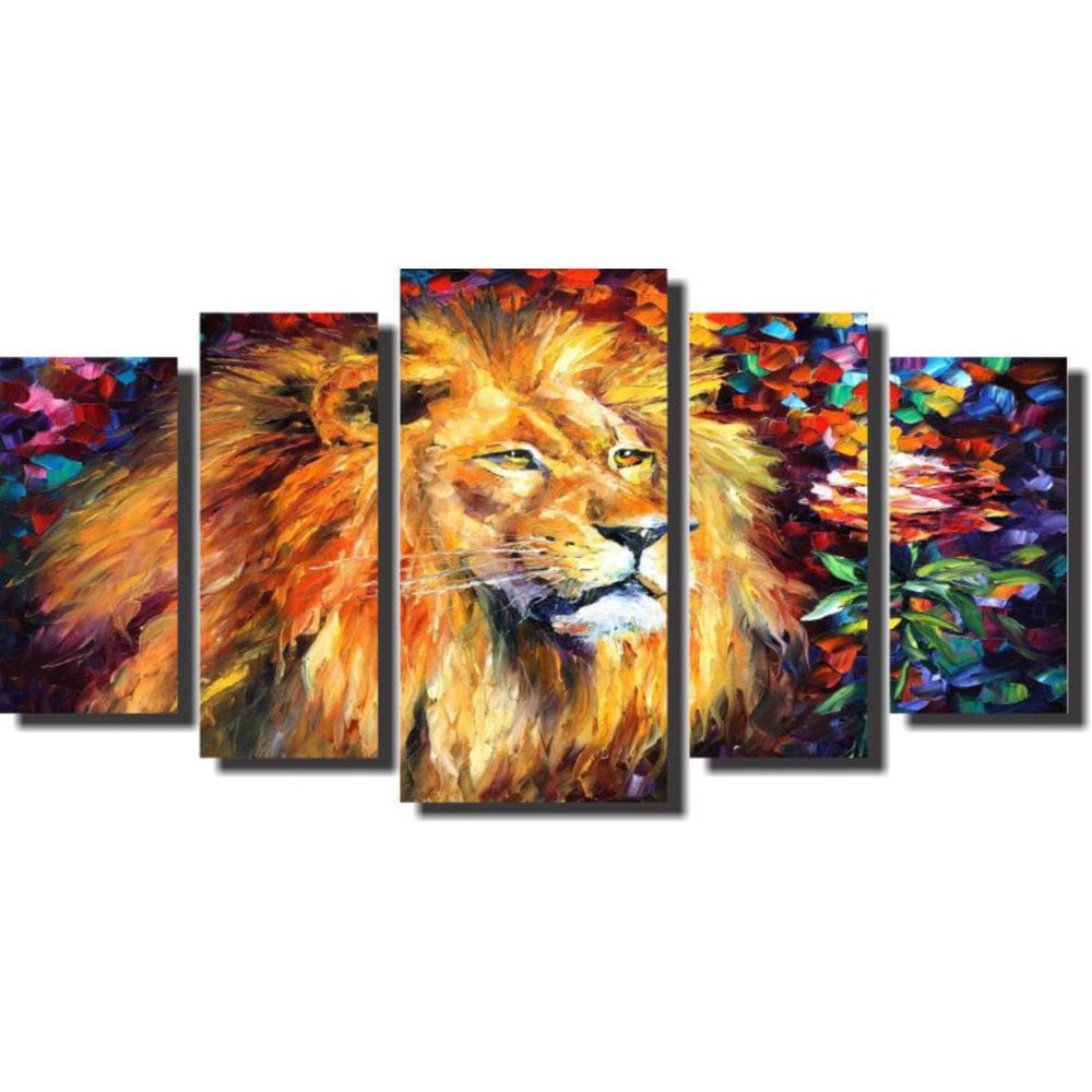 Quadro Decorativo Leão Para Sala 5 Peças