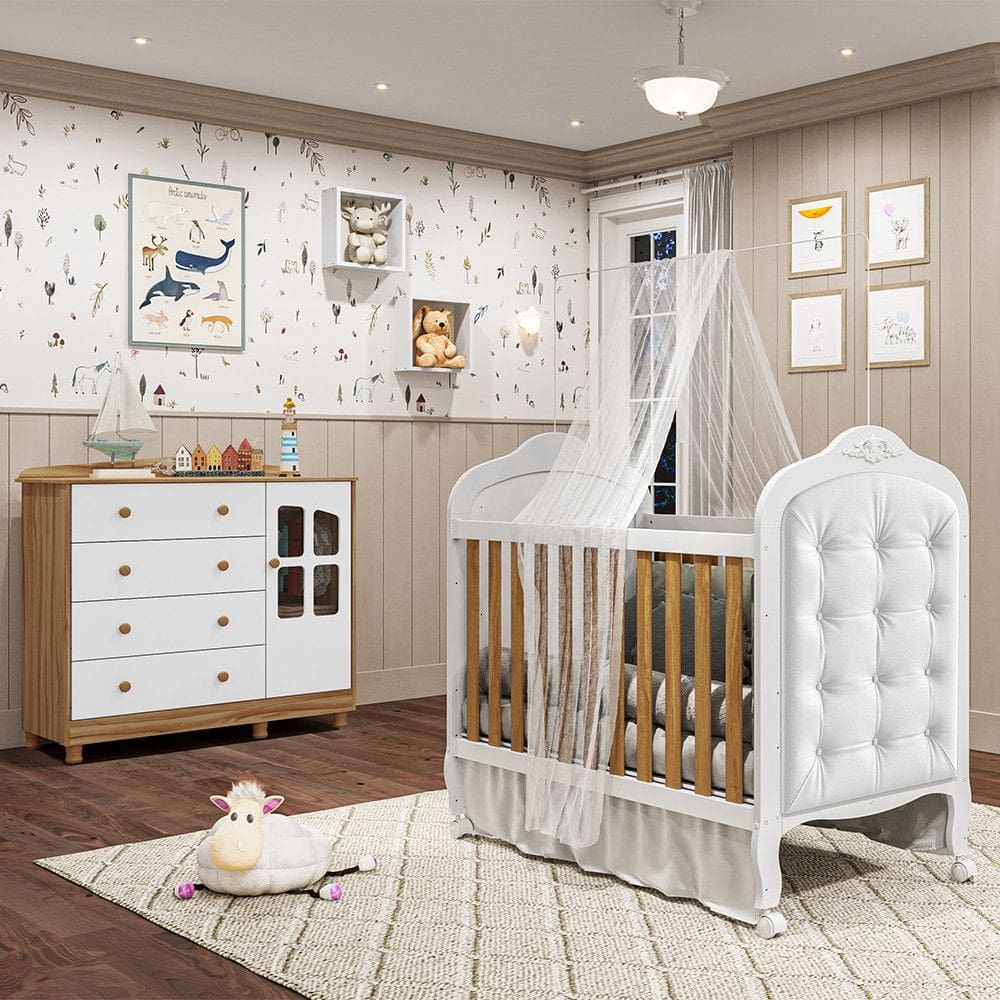 Quarto de Bebê com Berço Mini Cama com Capitonê MDF Cômoda Elô New Móveis Peroba