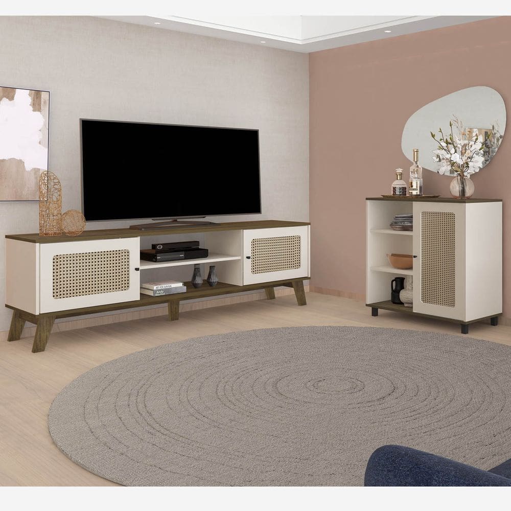 Conjunto Sala Rack p/ TV até 75\" com 2 portas, Buffet Aparador 1 Porta Pinho/Off White Charlotte - Artely