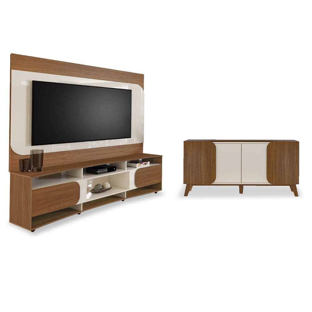 Conjunto Sala Rack c/ Painel p/ TV até 86\", Buffet Aparador 4 Portas Cedro/Off White Elegance - Artely