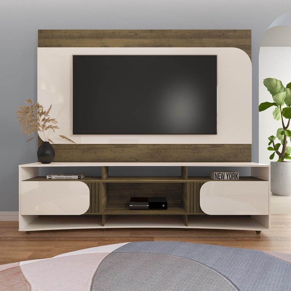 Rack com Painel Elegance p/ TV até 86" com 2 Portas Pinho/Off White - Artely