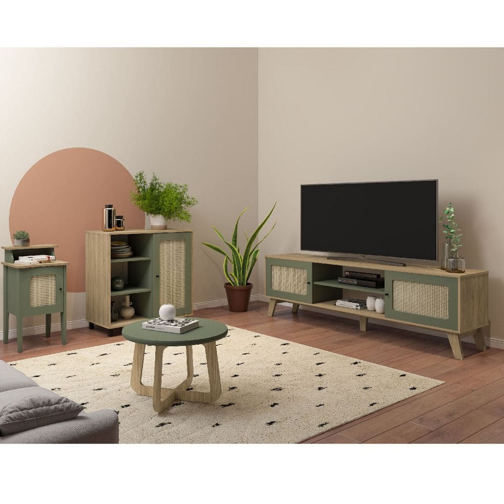 Conjunto Sala Rack p/ TV até 75\", Buffet Aparador 1 Porta, mesa centro e Apoio Charlotte Carvalho/Menta - Artely