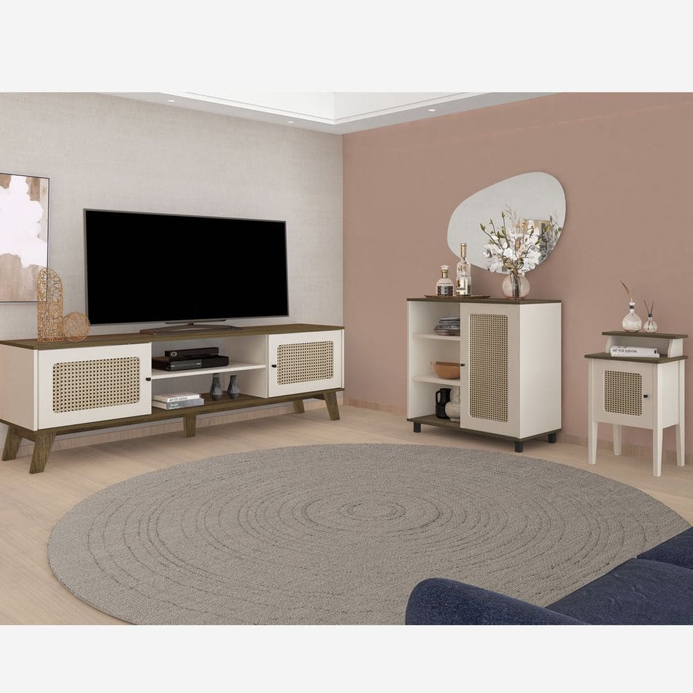 Conjunto Sala Rack p/ TV até 75\", Buffet Aparador 1 Porta, Mesa de Apoio Pinho/Off White Charlotte - Artely
