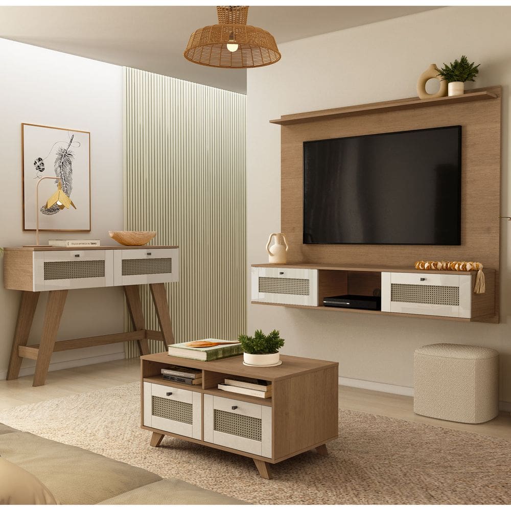 Conjunto Sala Painel p/ TV até 72\" com 2 portas, Aparador 2 Gavetas, Mesa de Centro Trama Cinamomo/Off White - Artely