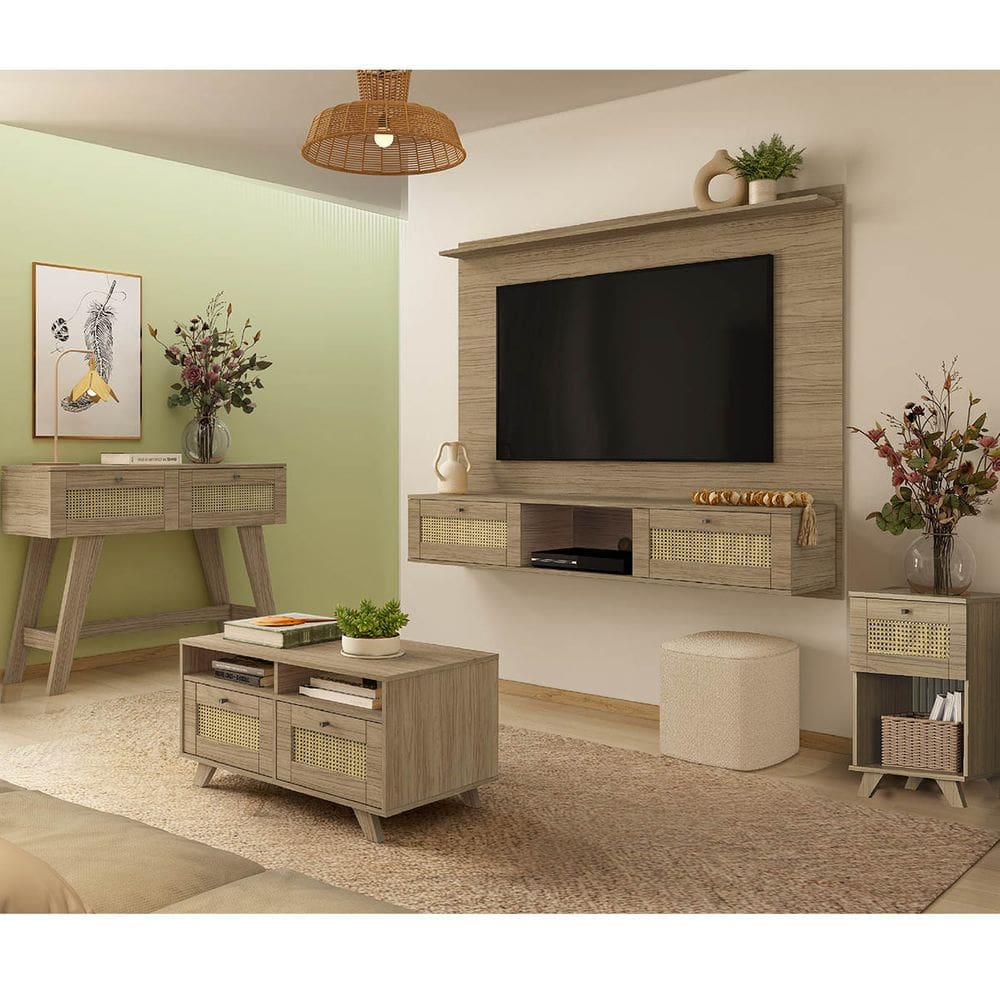 Conjunto Sala Painel p/ TV até 72\", Aparador 2 Gavetas, mesa Centro e Apoio Trama Carvalho - Artely
