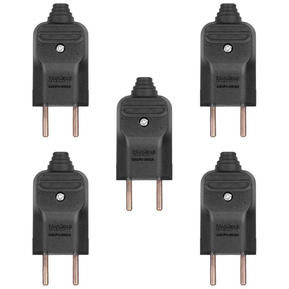Kit 5 Tomada Plug Macho Prensa Cabo 2 Pinos Finos 10A Preto