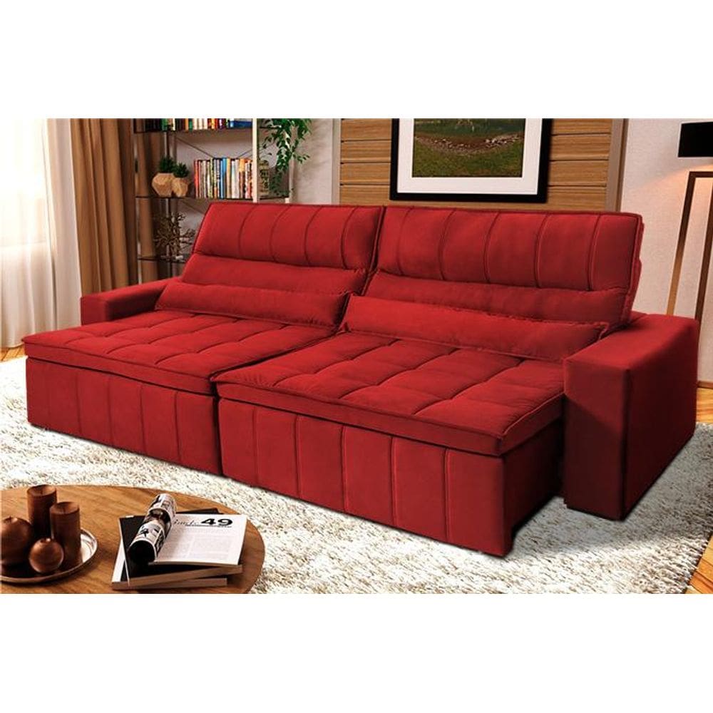 Sofá Retrátil Reclinável Supremo 2,50m Velut Vermelho c/ Molas