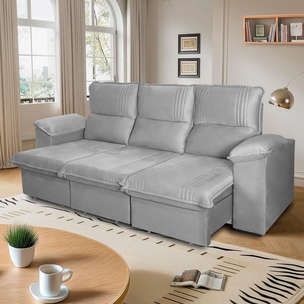 Sofá Retrátil Reclinável America 2,30m Suede Cinza