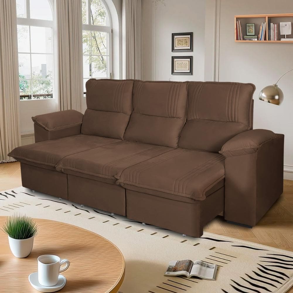 Sofá Retrátil Reclinável America 2,30m Suede Marrom