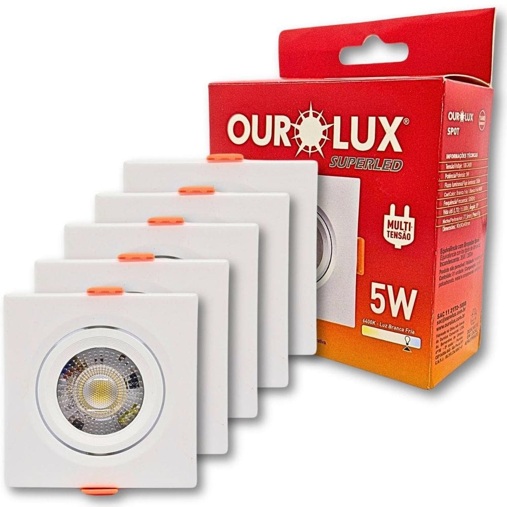 Kit 5 Spot Led Quadrado 5W 6400K Branco Frio Direcionável