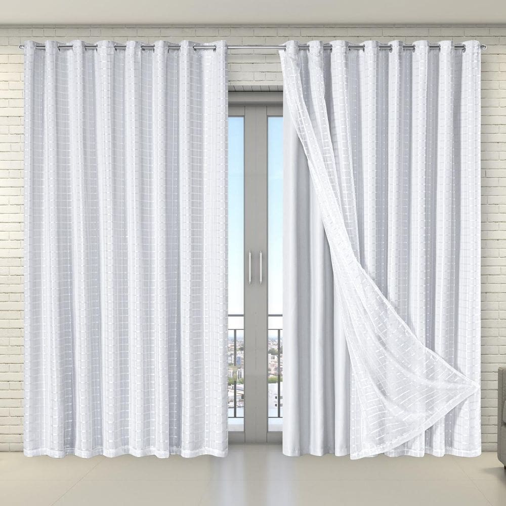 Cortina Tecido Blecaute Com Voil Xadrez 5,60M X 2,70M Branco