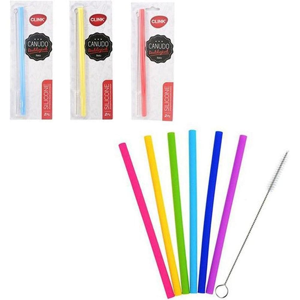 Cartela 3 Canudo Reutilizável De Silicone + Escova Higiênica