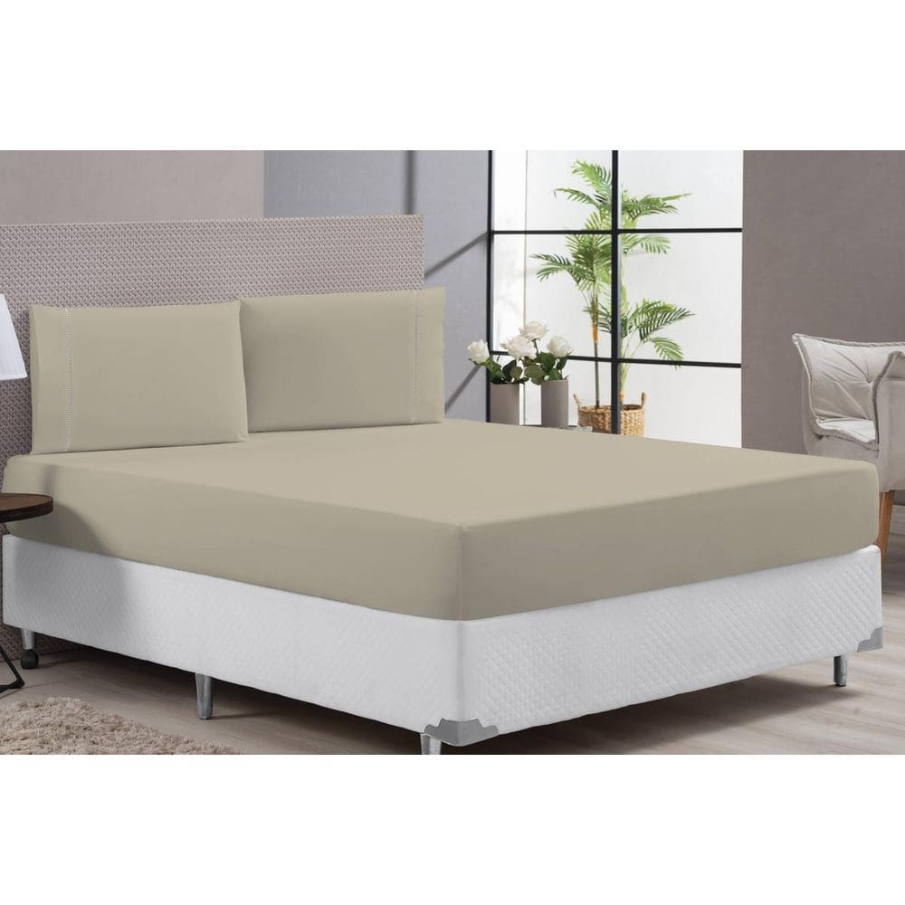 Lençol Casal Queen Micropercal 400 Fios Avelã Hospedaria 3P