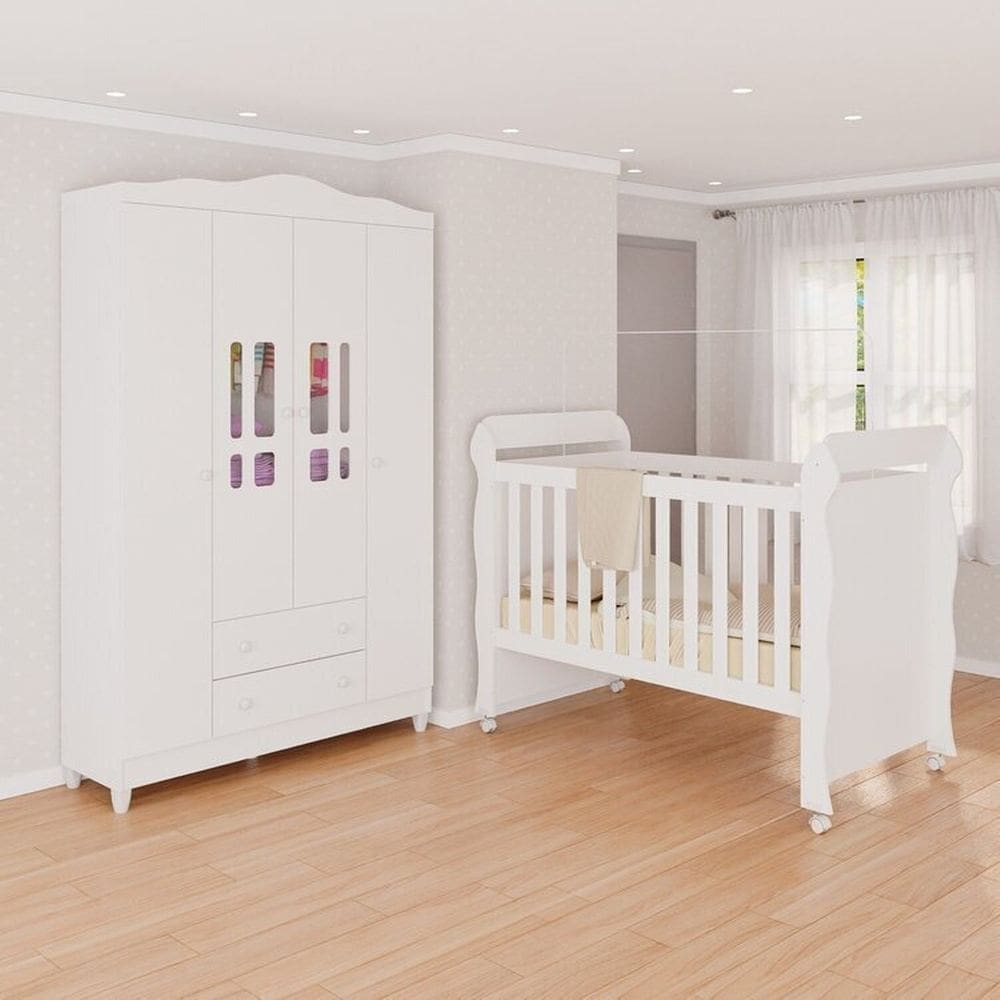 Conjunto Quarto Infantil 1 Berço Mini Cama Mirelle 1 Guarda-Roupa de Bebê 4 Portas e 2 Gavetas Ariel Branco