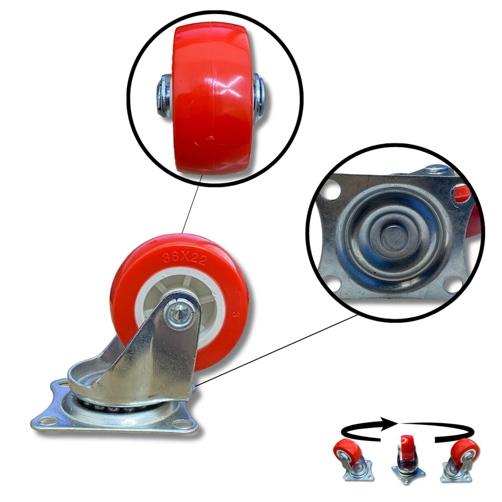 Rodízio Rodinha Giratório Placa Base Aço Roda PP Vermelho Diâmetro 38mm 1,5\" Altura 50mm