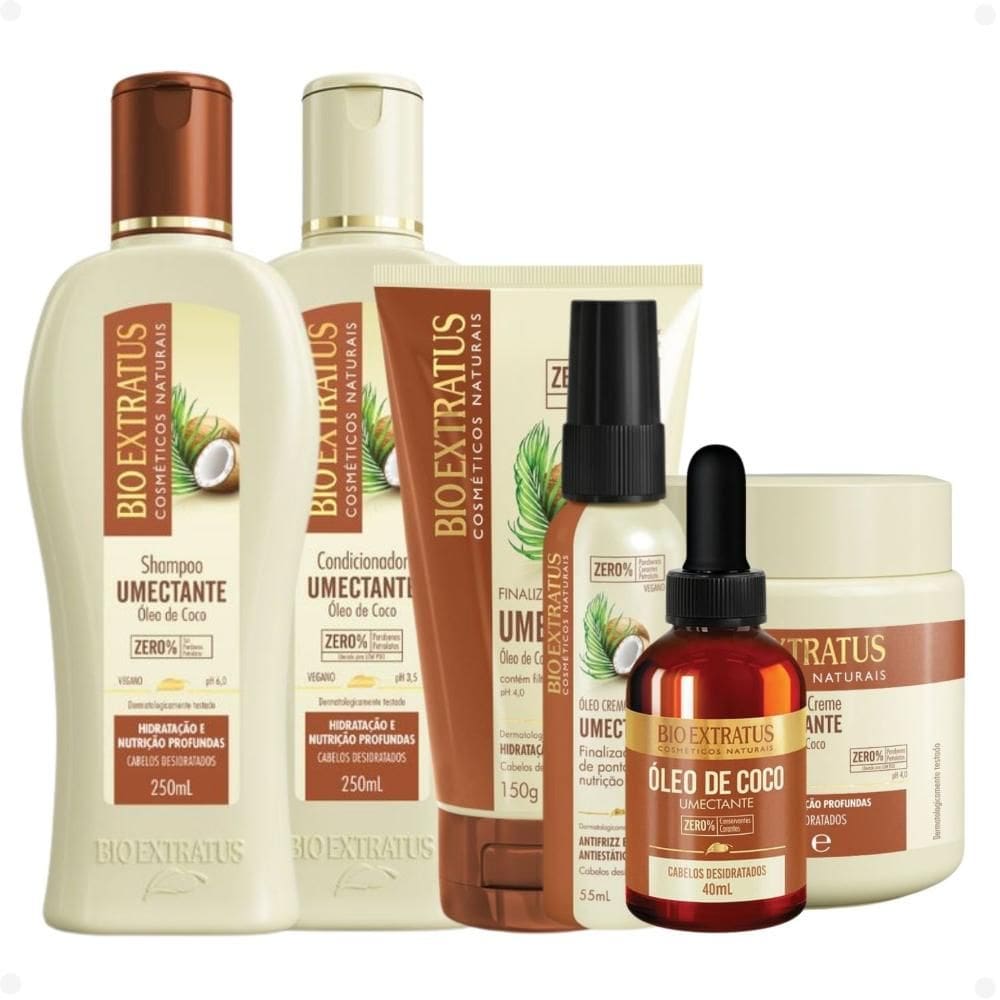 Kit Bio Extratus Umectante Óleo de Coco: Shampoo 250ml, Condicionador 250ml, Banho de Creme 250g, Finalizador 150g, Óleo Cremoso de Coco e Óleo de Coc