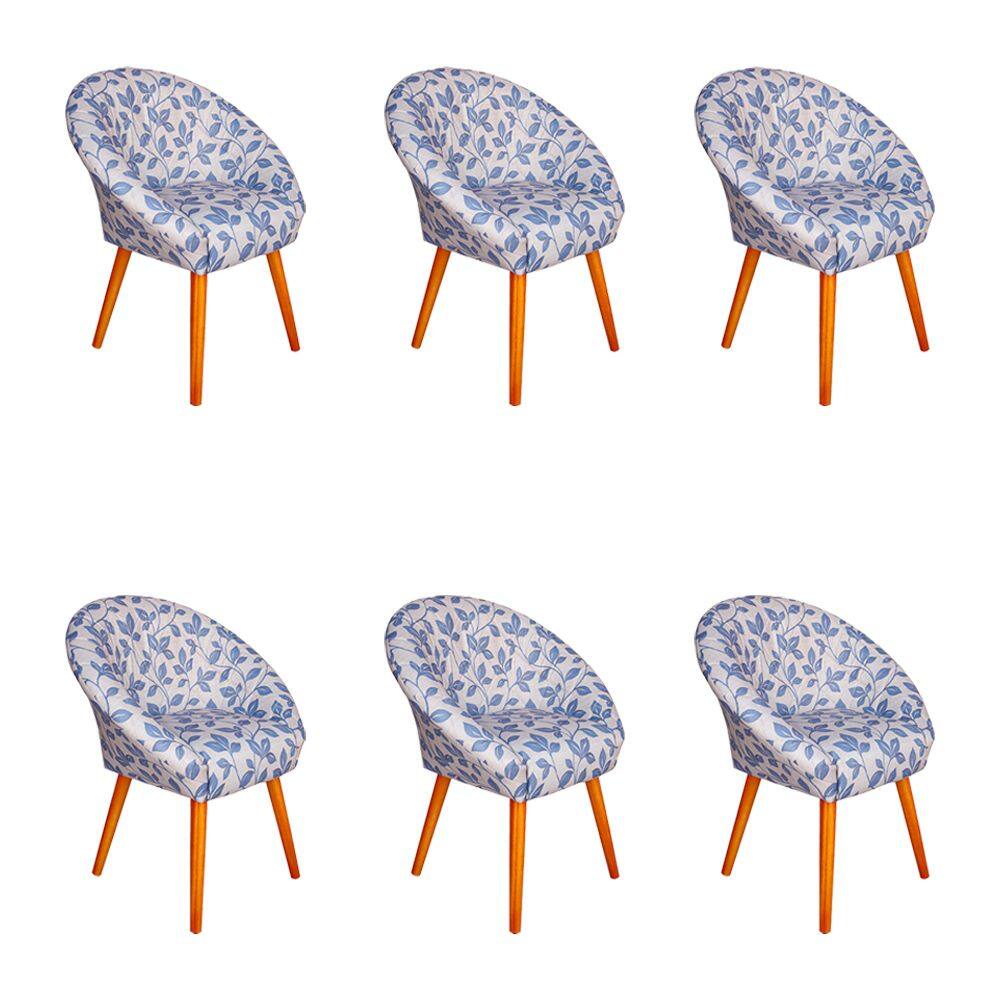 Kit 6 Poltronas Decorativa Canastra Estofada Veludo Floral Azul Pés em Madeira Maciça