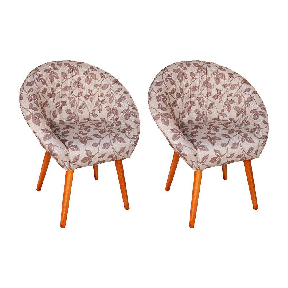 Kit 2 Poltronas Decorativa Canastra Estofada Veludo Floral Marrom Pés Palito em Madeira Maciça