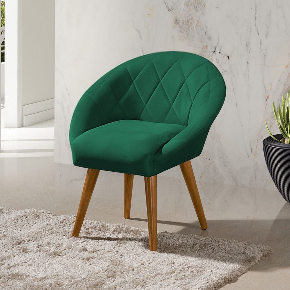Poltrona Decorativa Canastra Estofada Veludo Verde Esmeralda Pés Palito em Madeira Maciça