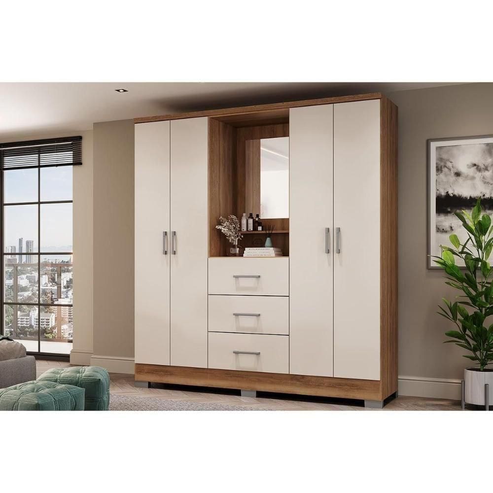 Guarda Roupa Solteiro 4 Portas E 3 Gavetas C- Espelho Roma 1181 C- Pés Freijo-off White - Carraro