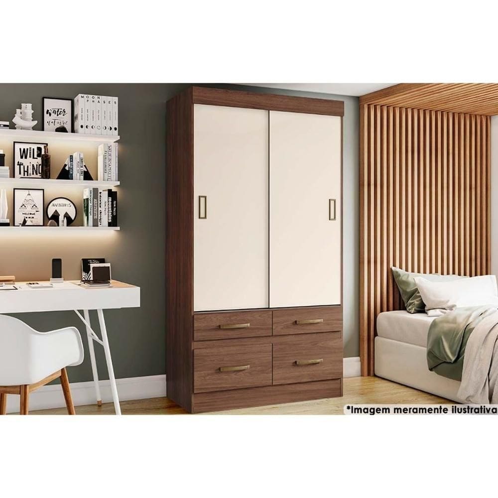 Guarda Roupa 2 Portas De Correr E 4 Gavetas Briz Be25 Castanho-castanho Ou Off White - Henn