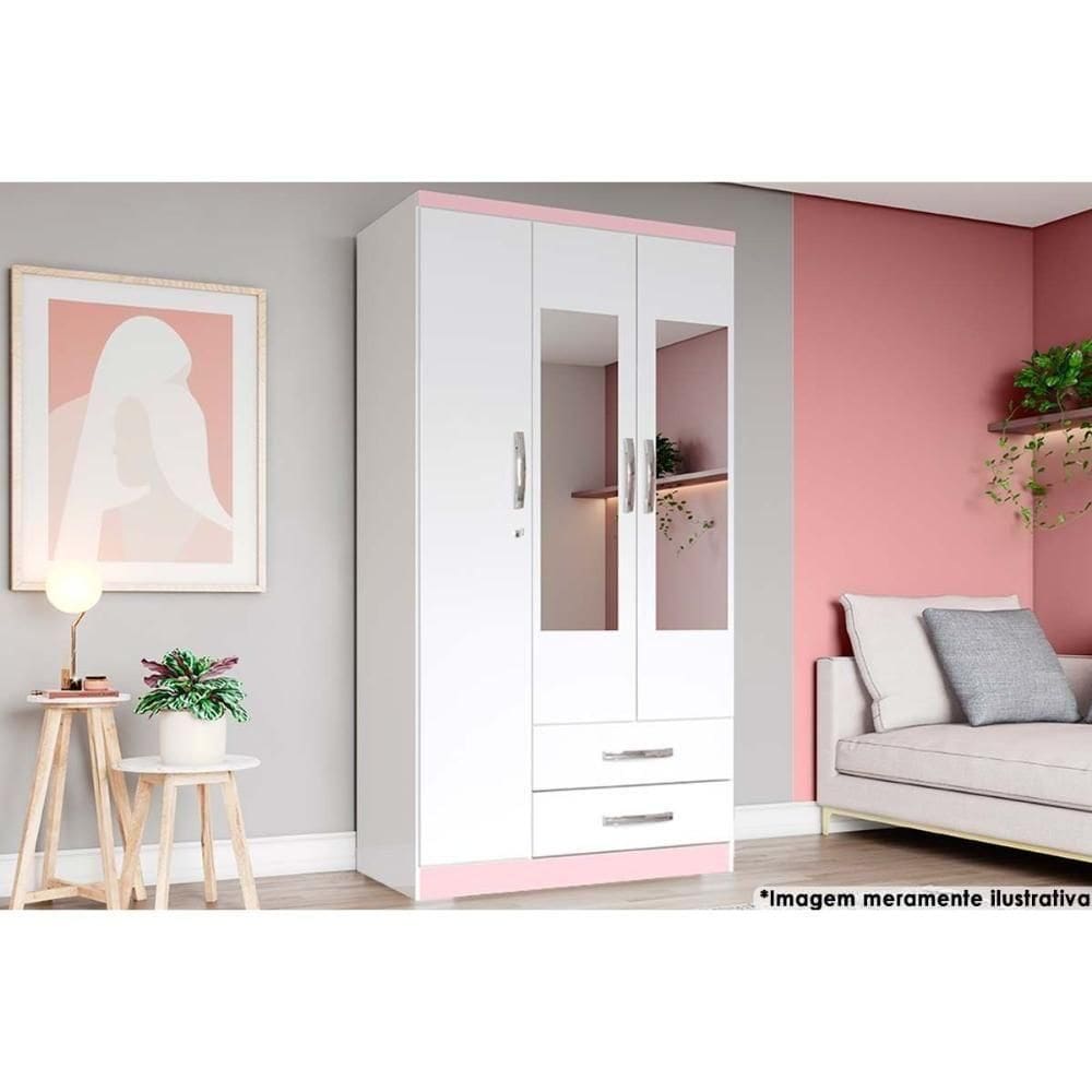 Guarda Roupa 3 Portas (2 C- Espelho) E 2 Gavetas Açaí Da133 Branco-rosa - Henn