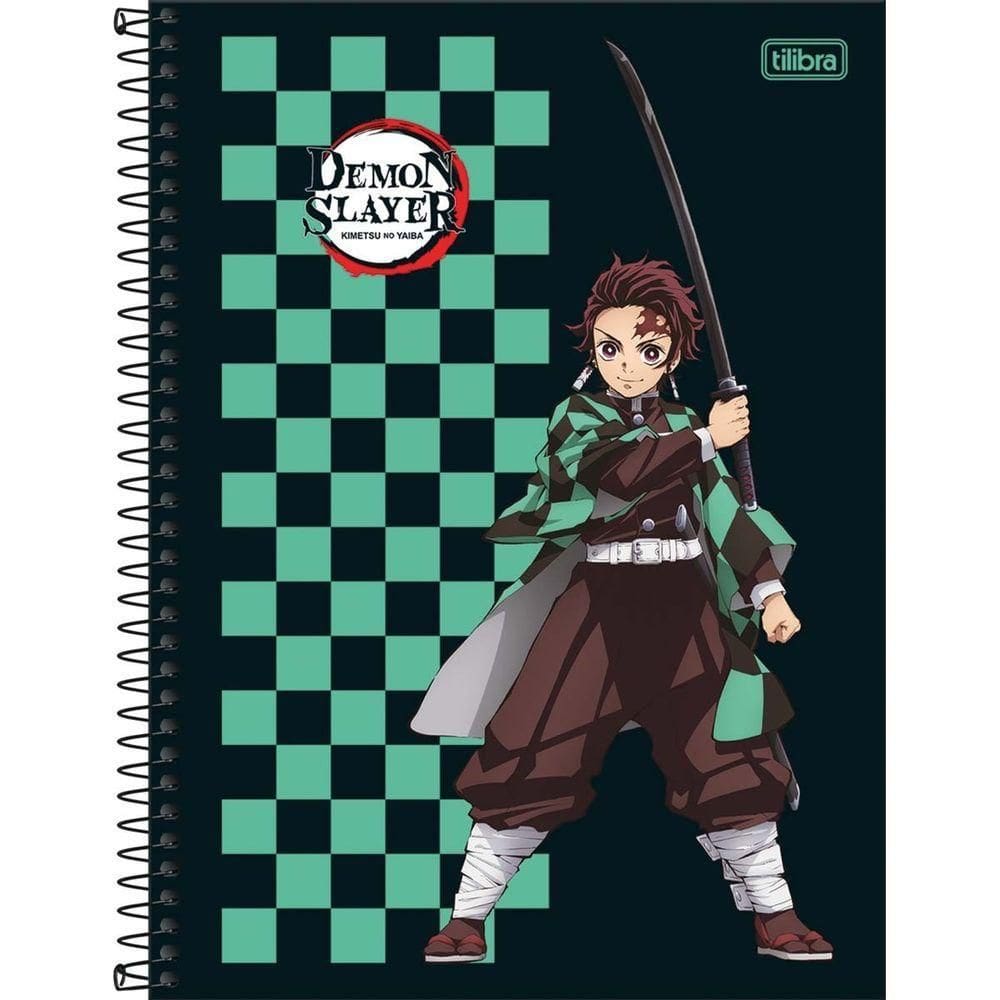 Caderno Universitário Demon Slayer Tilibra Capa Dura Espiral - 10 Matérias 160 Folhas Xadrez Verde